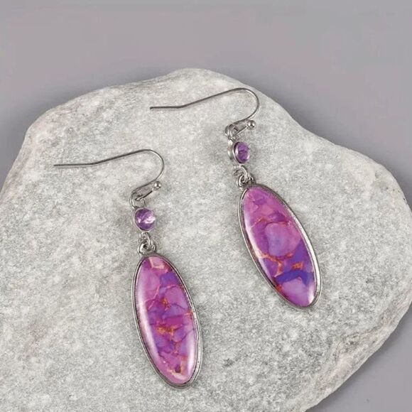 Oval Shape Purple Turquoise Diamond Dangle Earrings - Picture 6 of 6